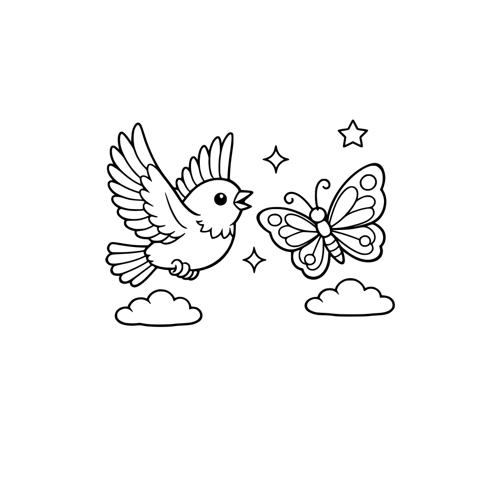 Bird flying together with butterfly