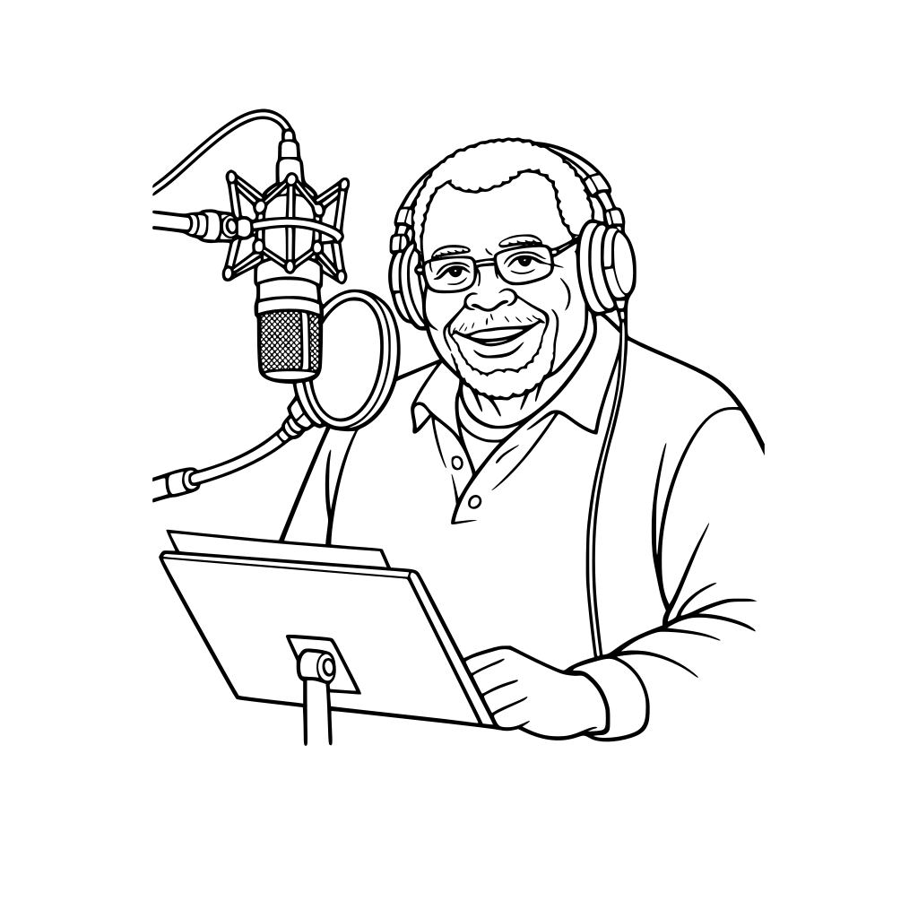 James Earl Jones speaking into a microphone in a recording studio, confident expression, minimal studio equipment outlines.