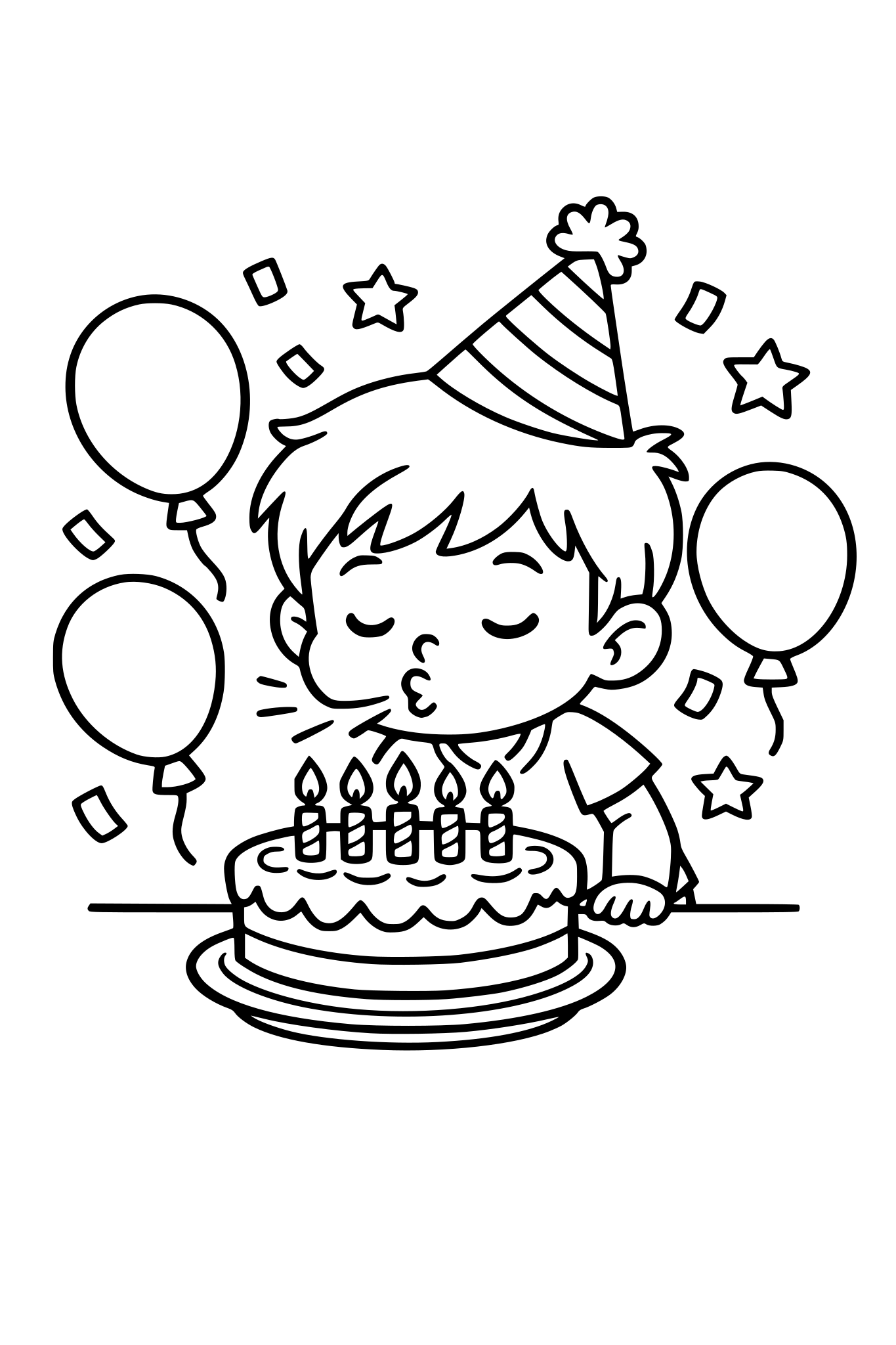 cute kids coloring page, happy boy blowing out candles on a birthday cake, balloons and confetti around, simple shapes, thick outlines
