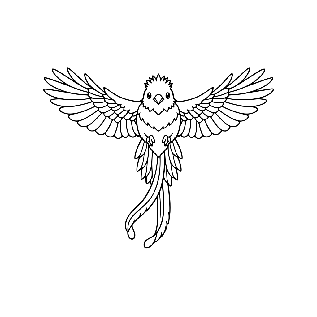 por favor dibuja un bello quetzal con mirando al frente en pleno vuelo