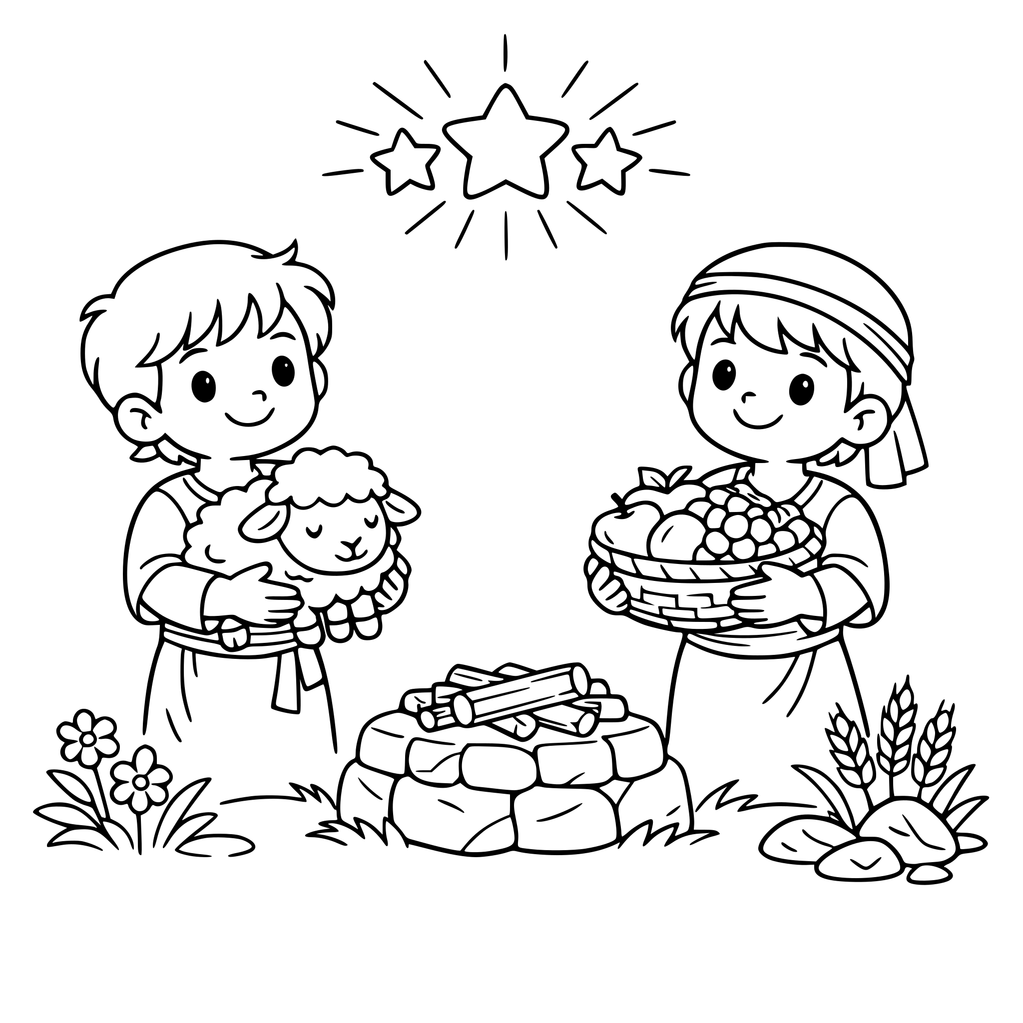 Ilustração infantil em aquarela mostrando dois irmãos oferecendo presentes a Deus, um com ovelha e outro com frutos, cenário ao ar livre com natureza, cores suaves, estilo amigável e educativo, personagens com expressão gentil.