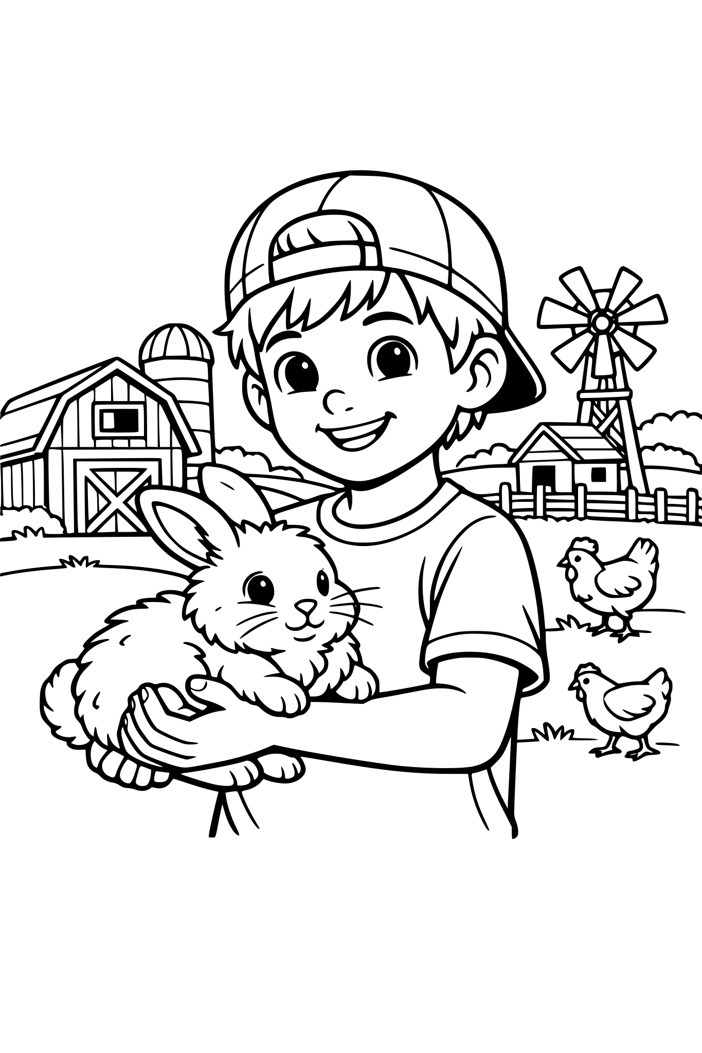 A young friendly boy holding a fuzzy rabbit. A farm scene in the background.