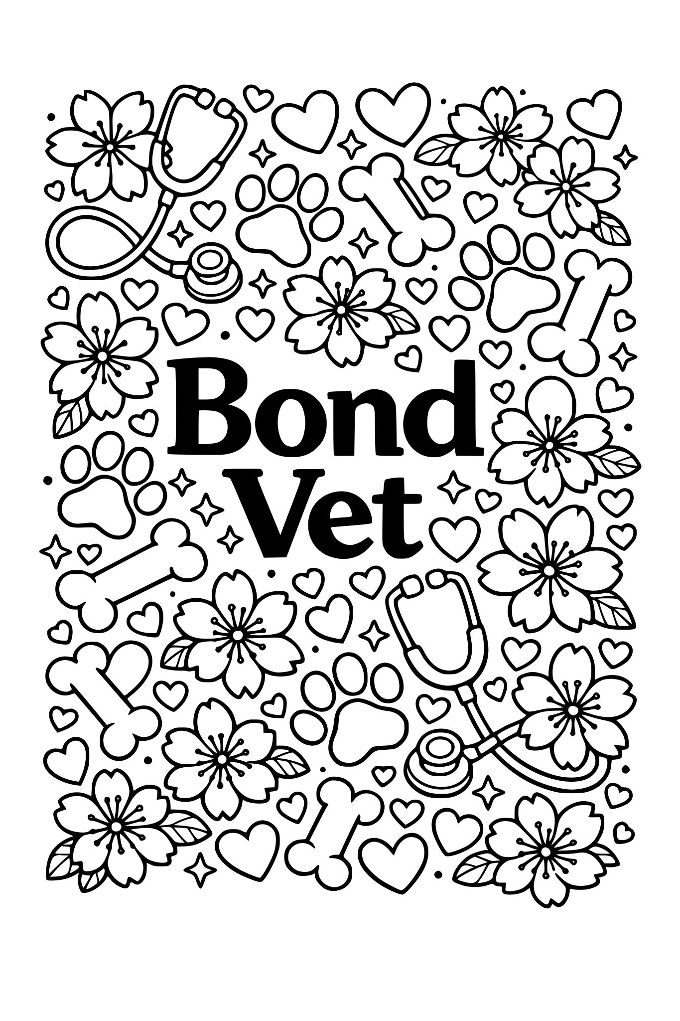 cute pattern of cherry blossoms, paw prints, hearts, dog bones, and stethoscopes, seamless pattern, black and white coloring page, thick outlines, ‘Bond Vet’ text in the center