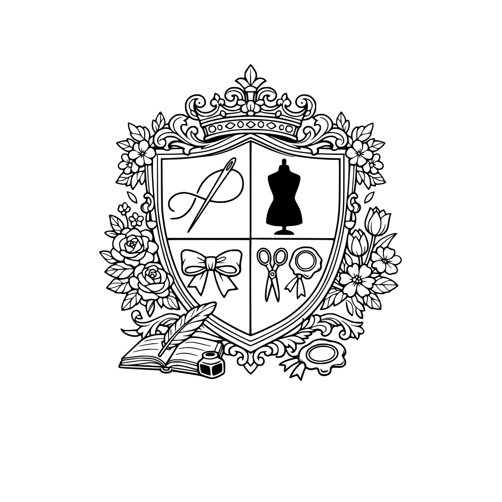 Printable black-and-white coloring page with thick clean outlines: ornate Regency crest split into 4 large sections. Add needle & thread, dress form silhouette, ribbon bow, tiny scissors charm, wax seal, quill + ledger, spring florals in corners. No shading, no gray, no text.