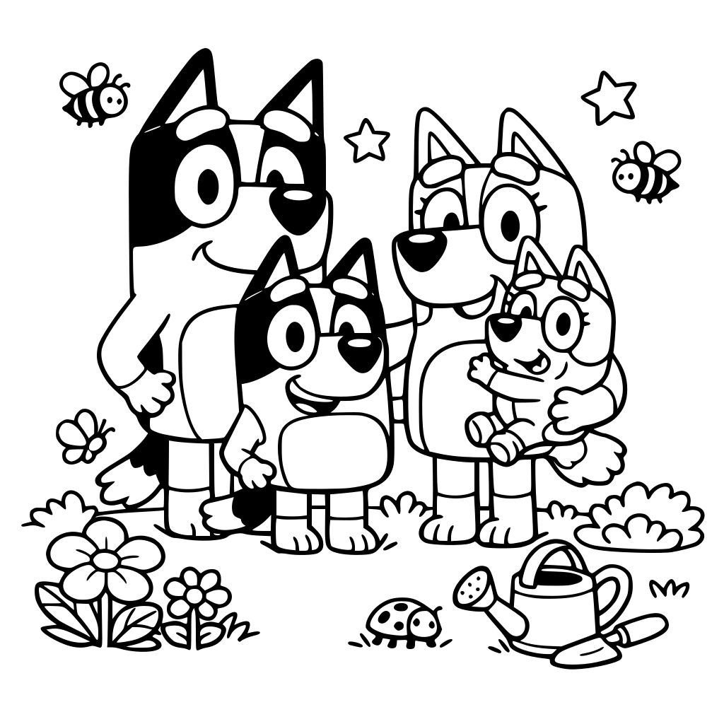 família bluey no jardim