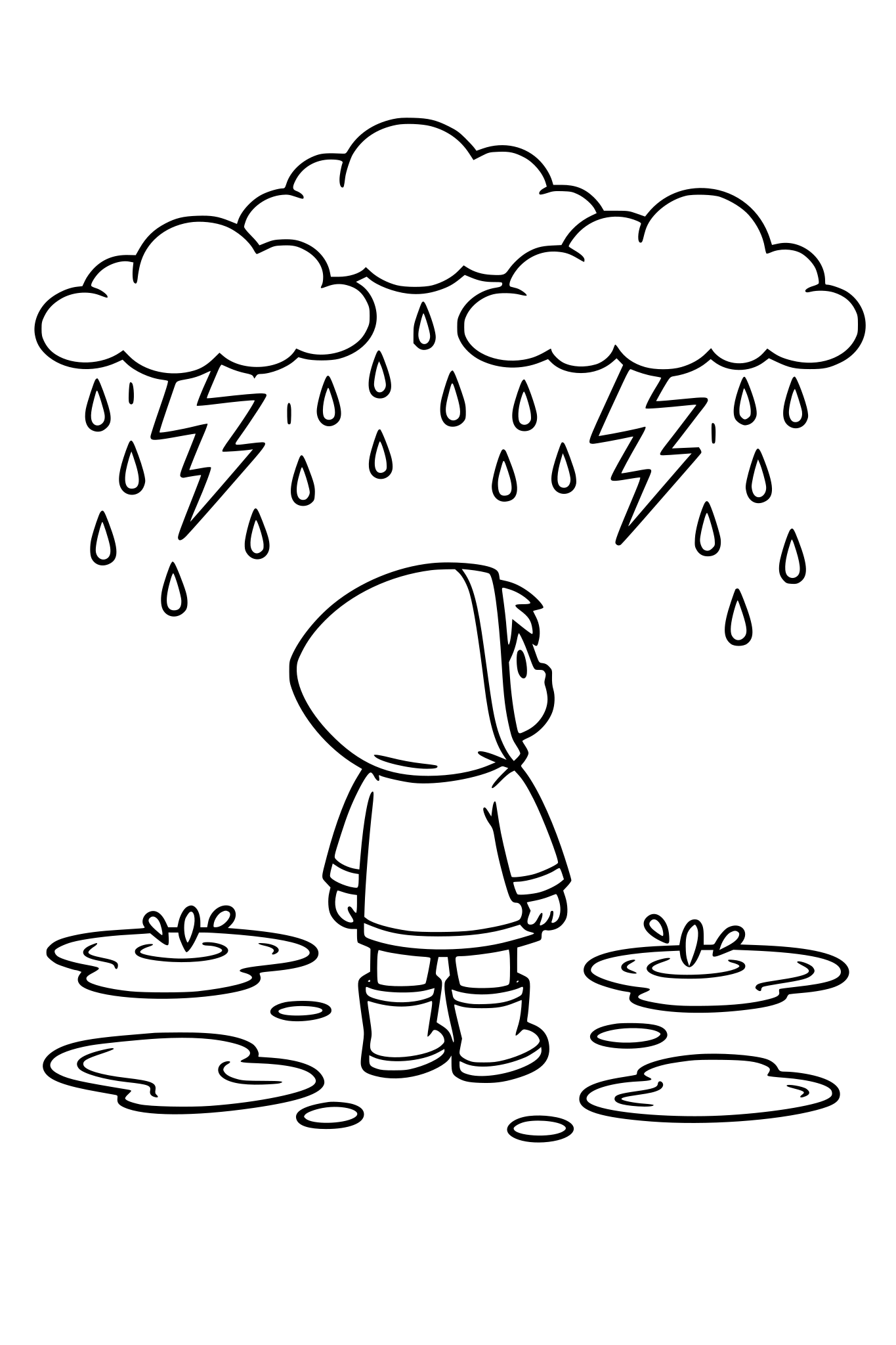 cute kids coloring page, child looking at storm clouds with rain and lightning in the sky, puddles on the ground, simple shapes, thick outlines, kids coloring book style, black and white line art