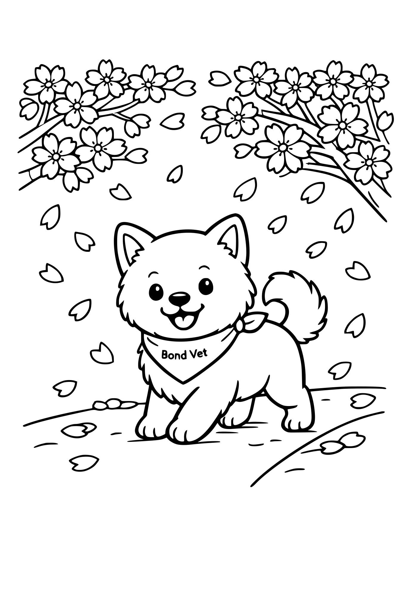 cute dog walking under cherry blossom trees, falling petals, simple line art, small bandana with tiny ‘Bond Vet’ text