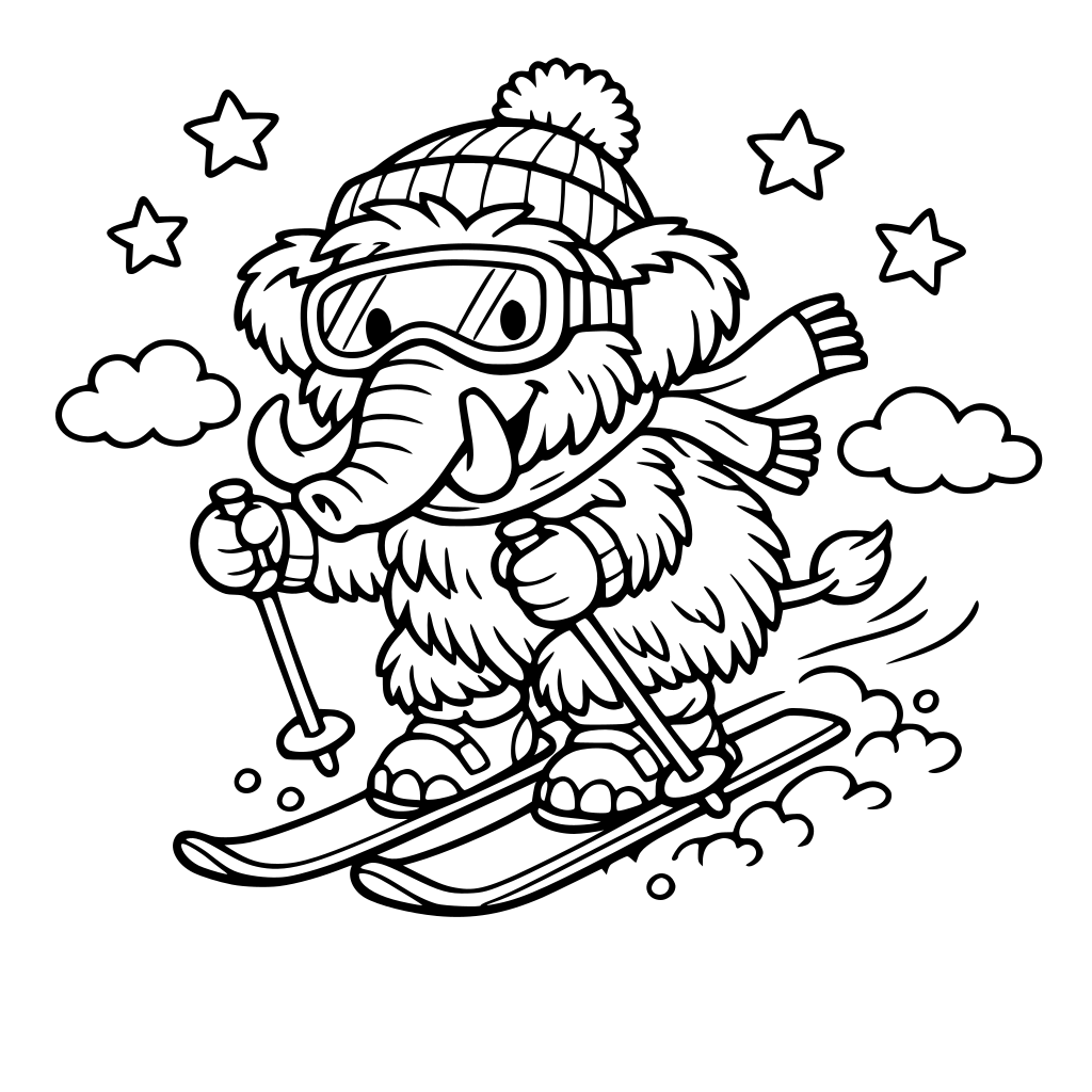 Woolly Mammoth Skiing Cartoon
