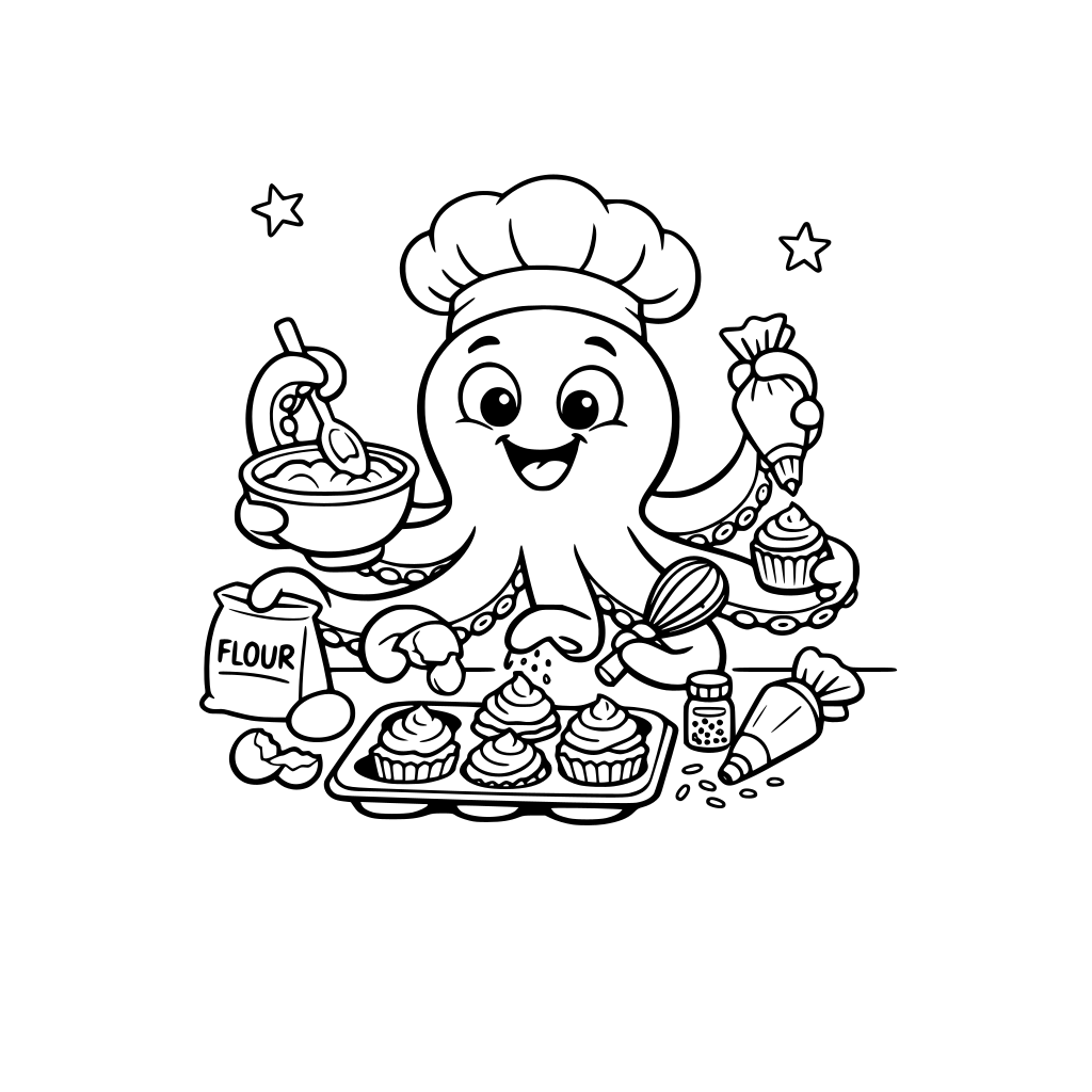 A funny octupus making cupcakes in a kitchen