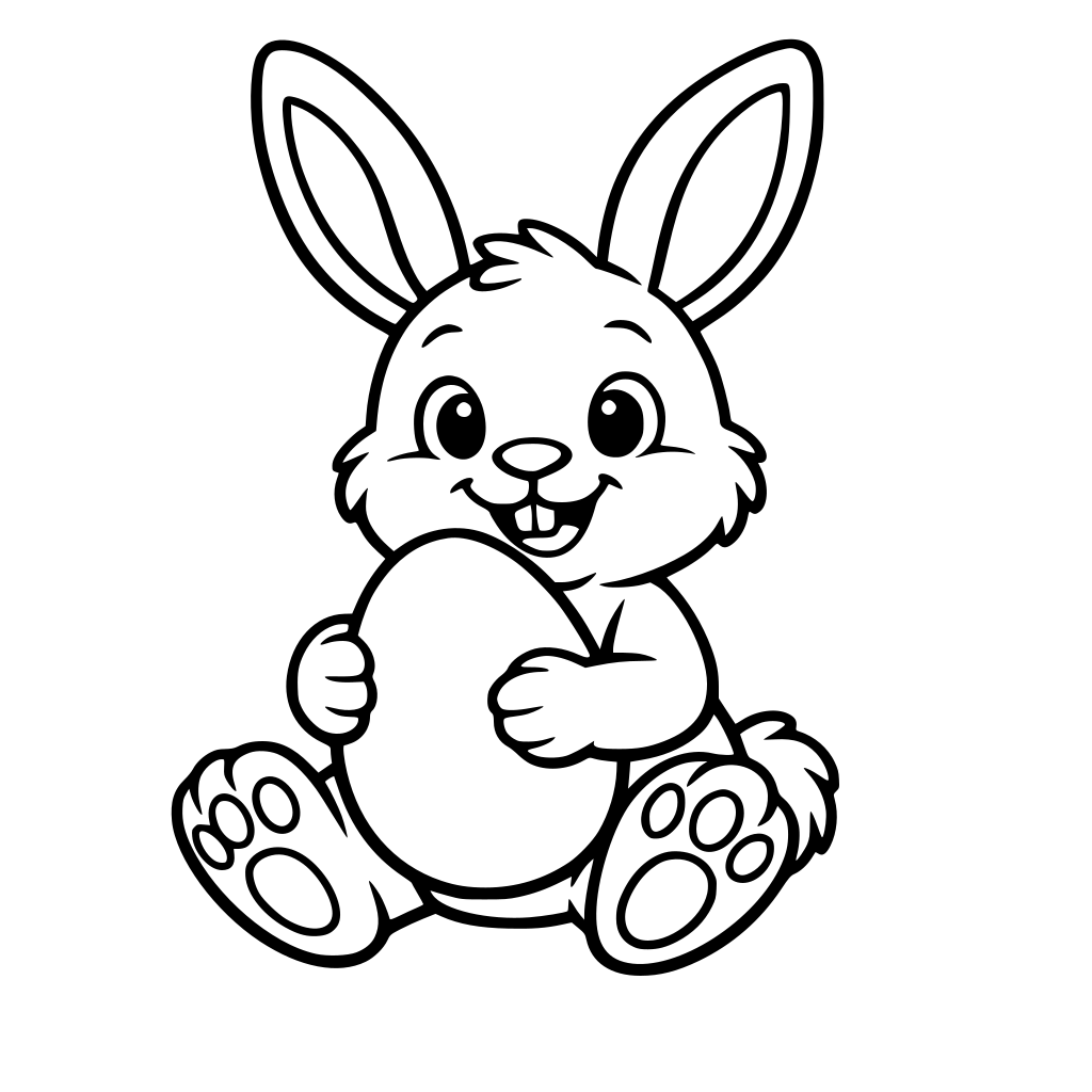 wielkanocny królik trzymający jajko, czyste linie, kreskówkowy styl, bez tła