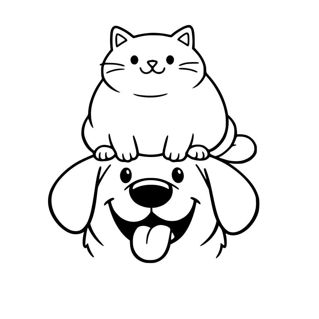 A fat cat sitting on a dog's head