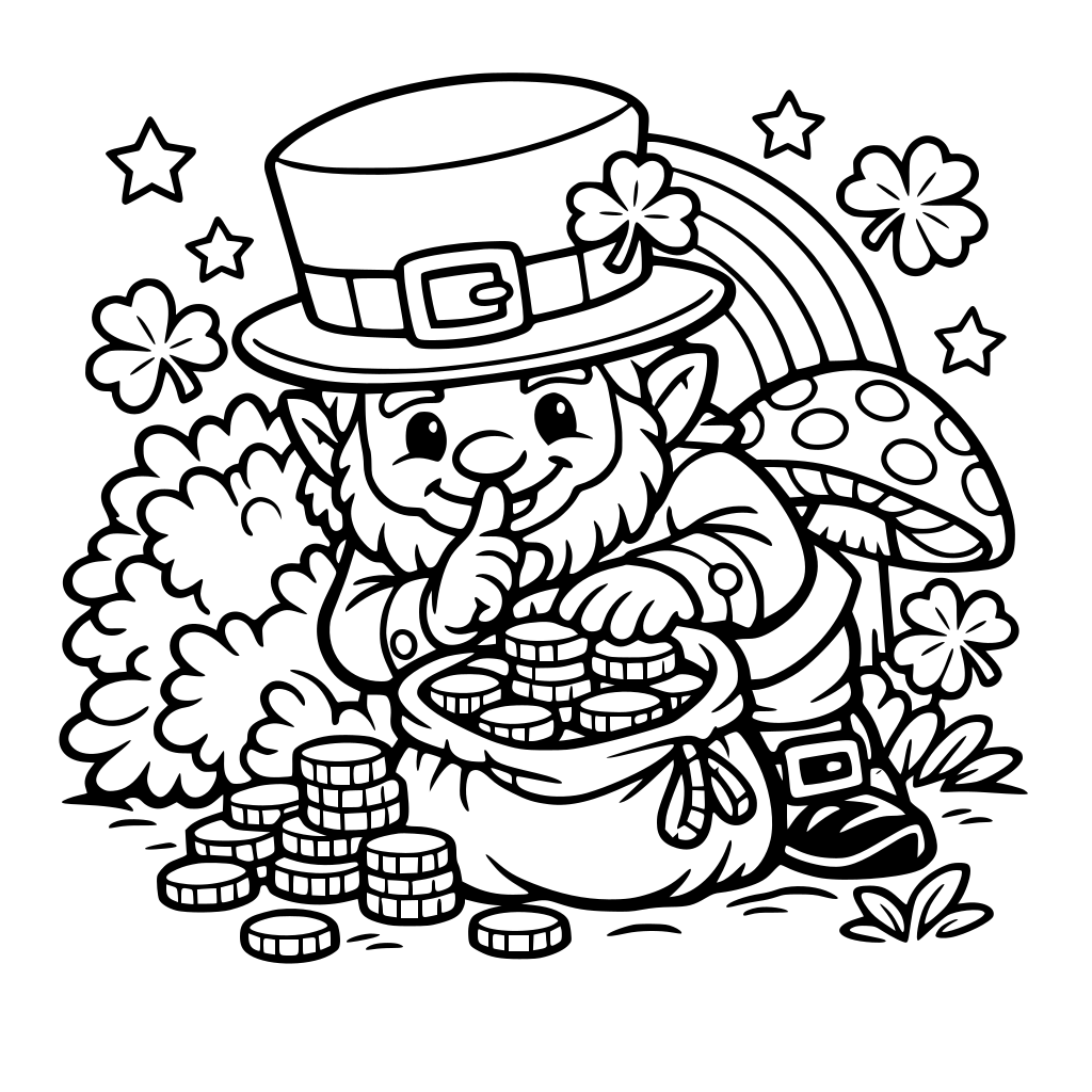 Square coloring book page that is black and white with a cute friendly leprechaun. He is hiding gold coins. Fill the whole page with great detail. Simple art bold and easy cartoon style.