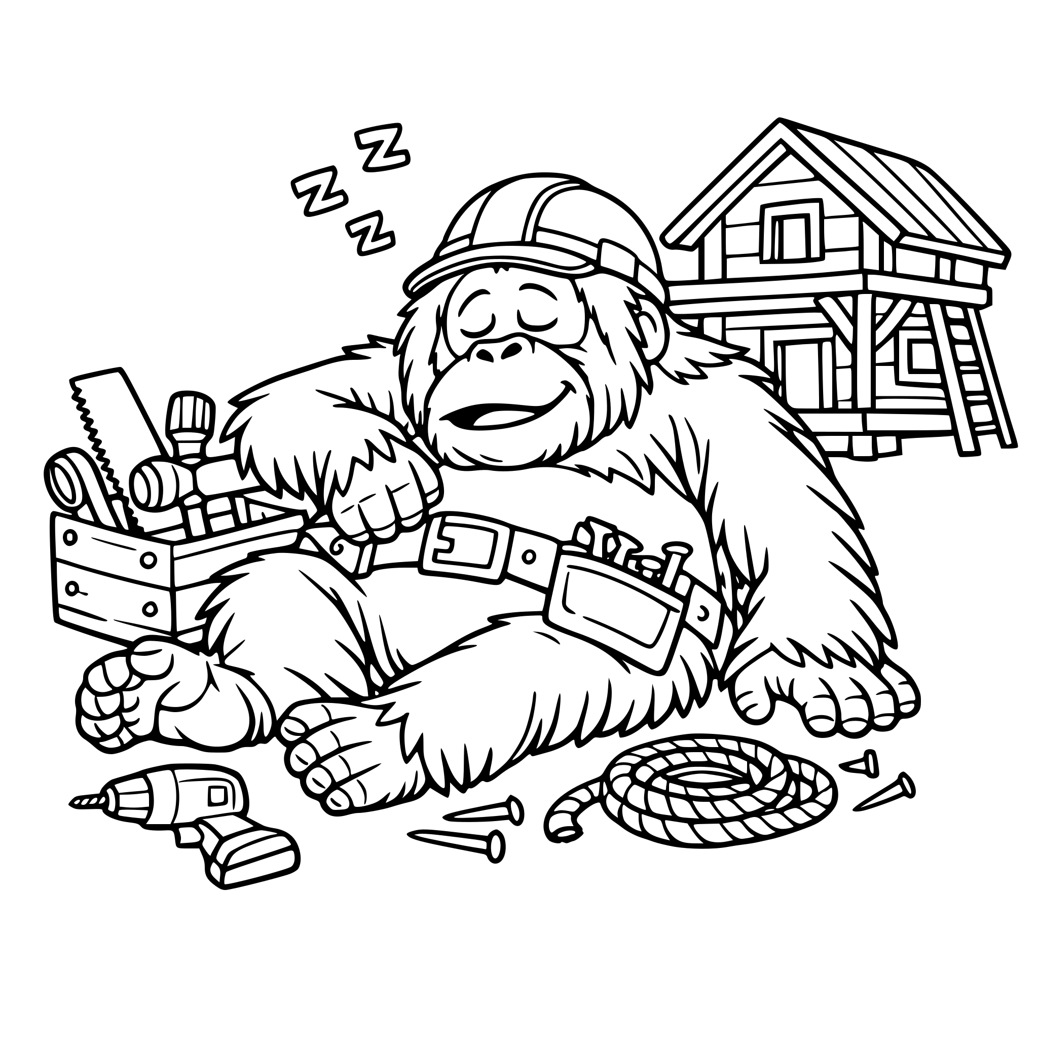 a big orangutan having a nap after a hard day of work building a wooden house