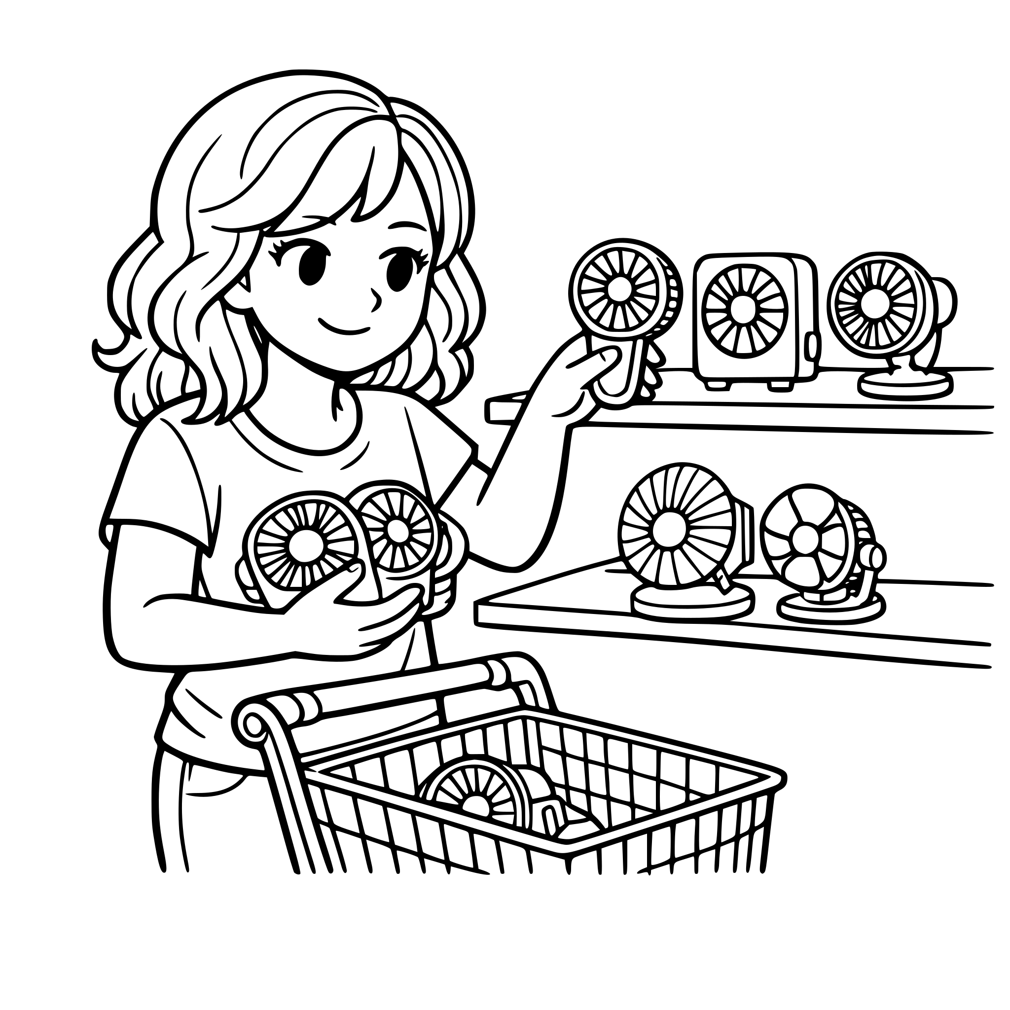 Create an image of a real life older girl with smaller natural eyes with blonde wavy hair, looking in a store on a shelf picking up several small fans to put in her shopping cart. White background, isolated.