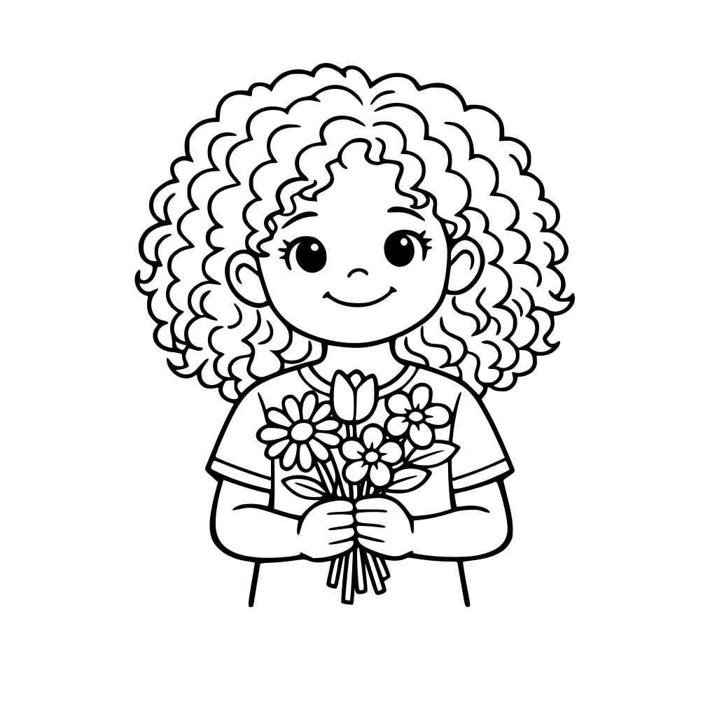 Kıvırcık saçlı elinde beş tane çiçek tutan kız çocuğu