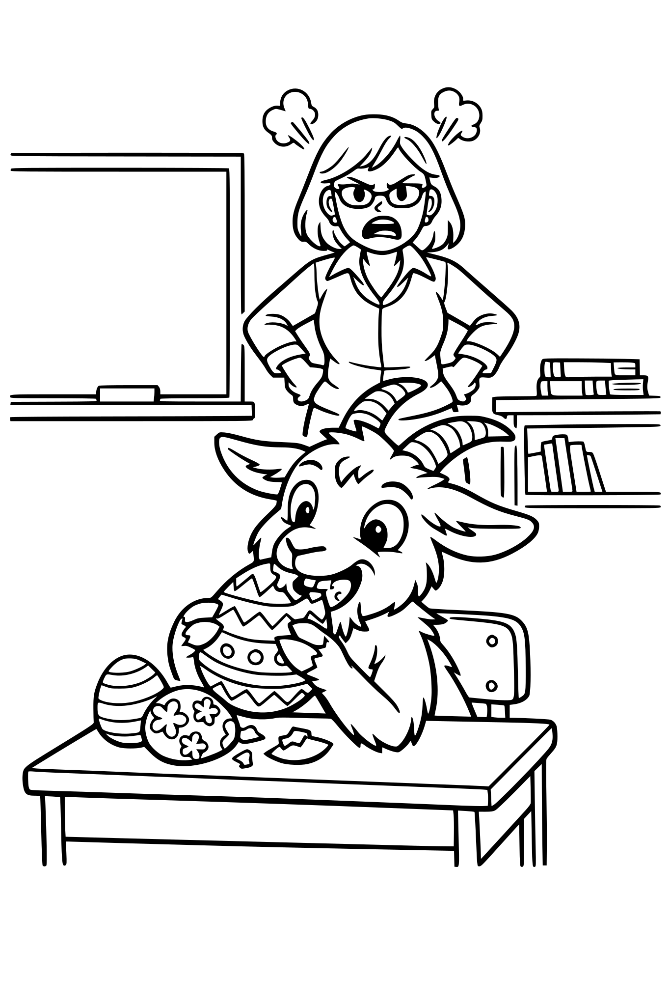 a goat eating an easter egg in a classroom, teacher is mad