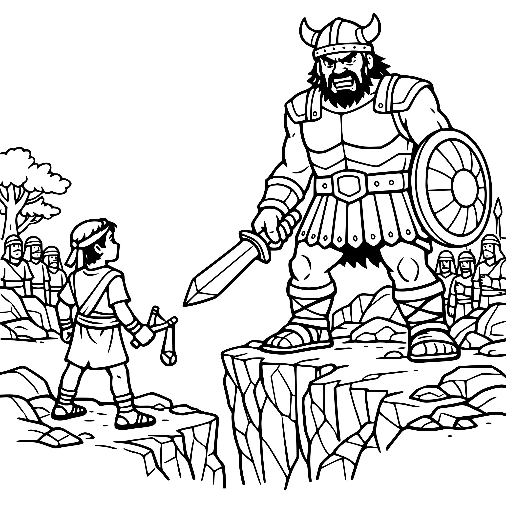 David standing across the ravine from the giant Goliath. David should look brave and be holding a slingshot in his hand. Goliath should look menacing. Make trees and rock landscapes around them and a crowd on each side of the ravine.