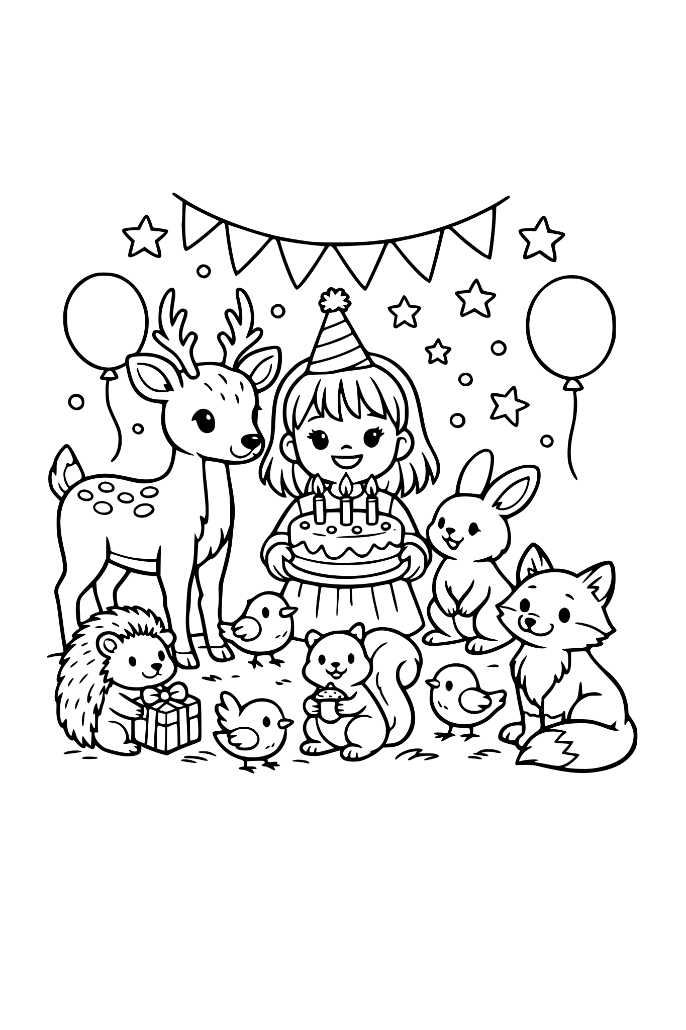a little girl with a birthday cake having her birthday in a forest with a deer and other forest animals