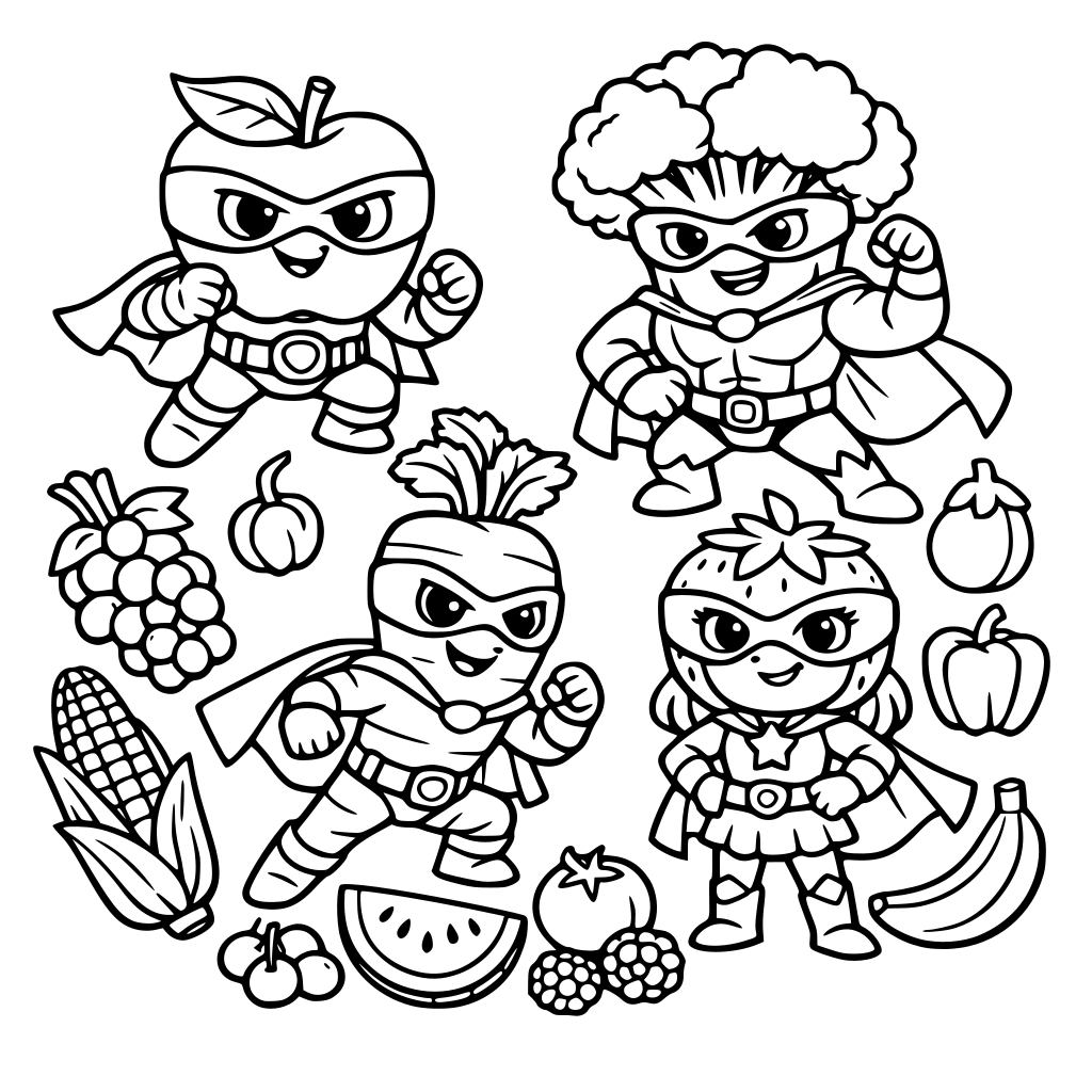 fruits, vegetables, and superheros made of fruits and vegetables