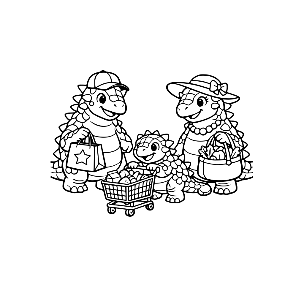 a family of mum, dad and child Ankylosaurus going shopping