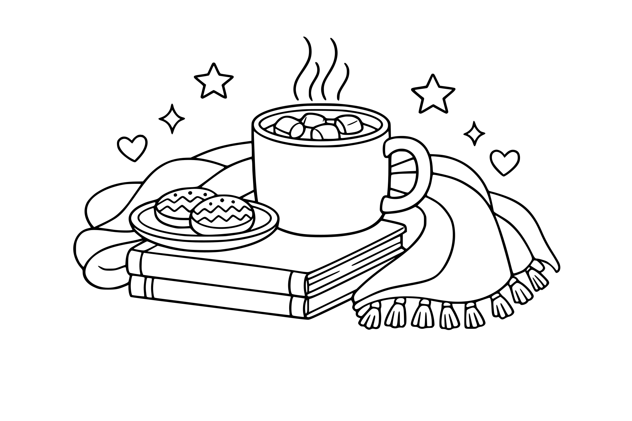 Cozy blanket and cocoa scene, minimalistic line.