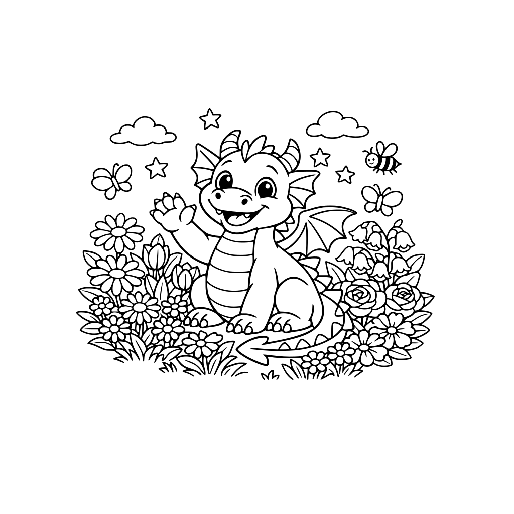 Przyjacielski smok w ogrodzie kwiatowym