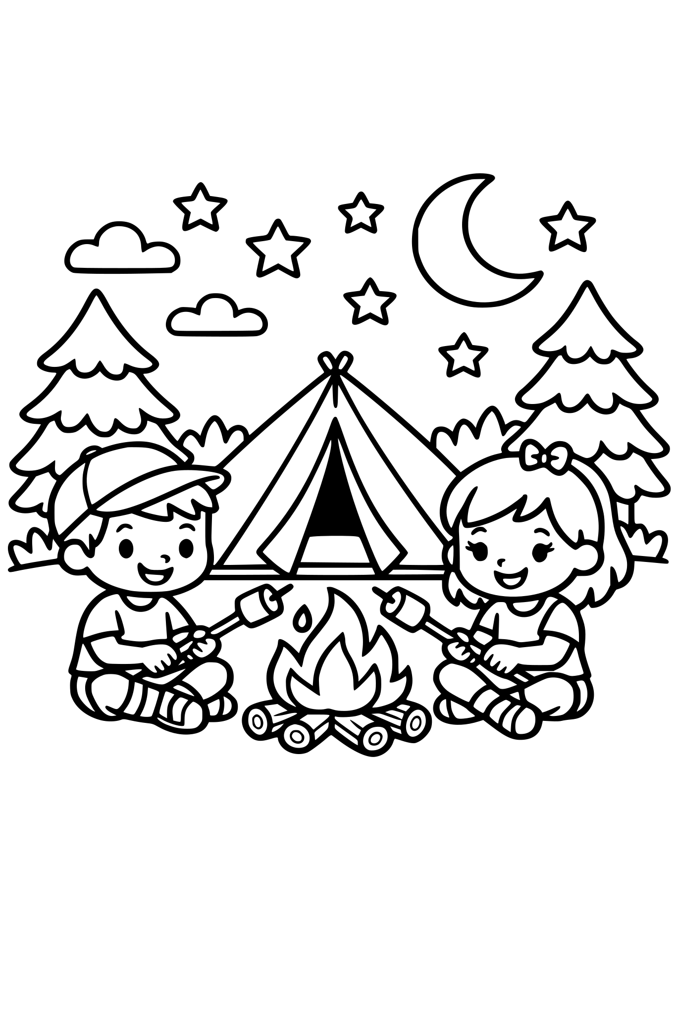 cute kids coloring page, boy and girl camping in the forest, small tent under a starry sky and moon, campfire with marshmallows on sticks, trees around, simple shapes, thick outlines, black and white kids coloring page