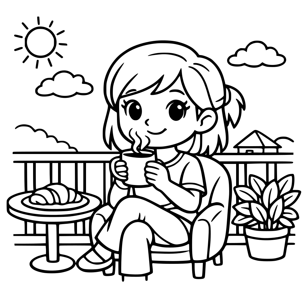 girl drinking coffee, sitting in a balcony, cartoon style, coloring book, simple, black and white, thick outlines
