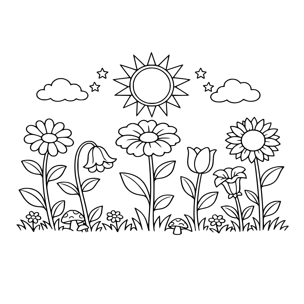 create a scene for a garden with big flowers and long stems reaching for the sun with big spaces that will allow me to place a word in sections of the drawings