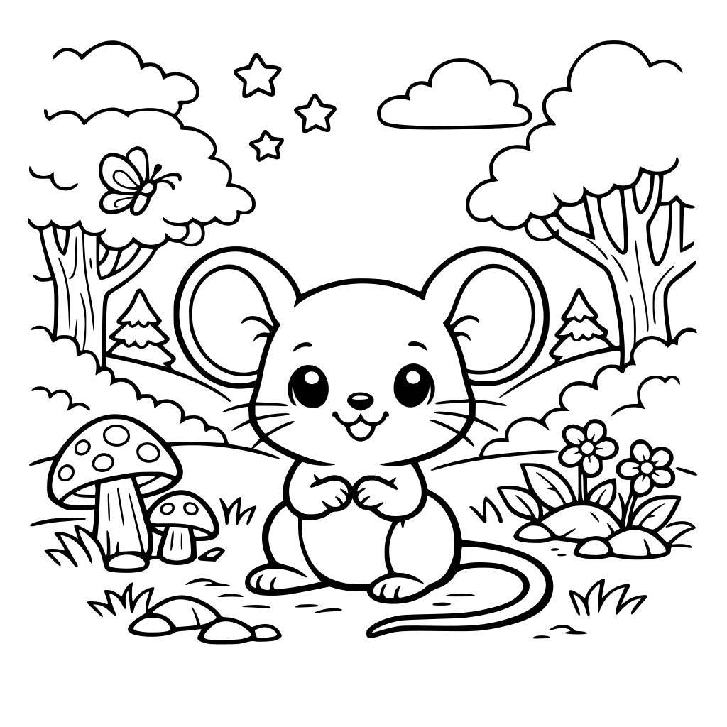 generate a coloring book of a cute little mouse with forest background