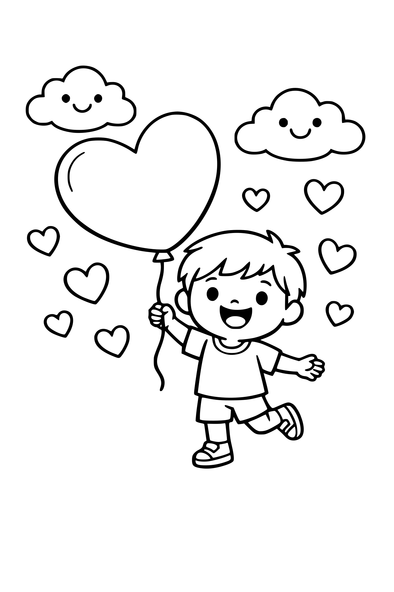 cute kids coloring page, happy child holding a big heart balloon, floating hearts around, smiling clouds, simple shapes, thick outlines, easy coloring page, white background