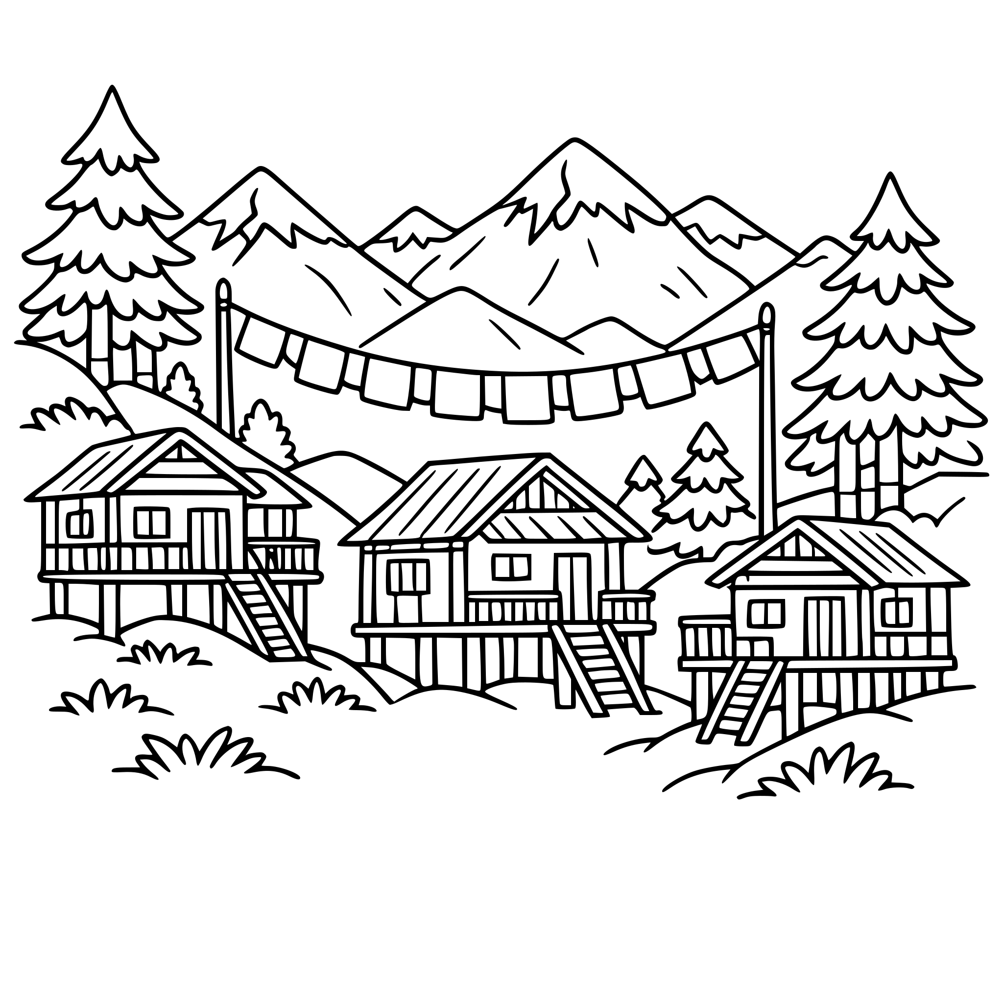 cute cozy simple Arunachal Pradesh Mountain village with wooden houses on stilts, pine trees, prayer flags, and snowy hills.