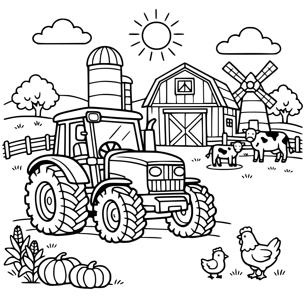 Traktor mit Bauernhof