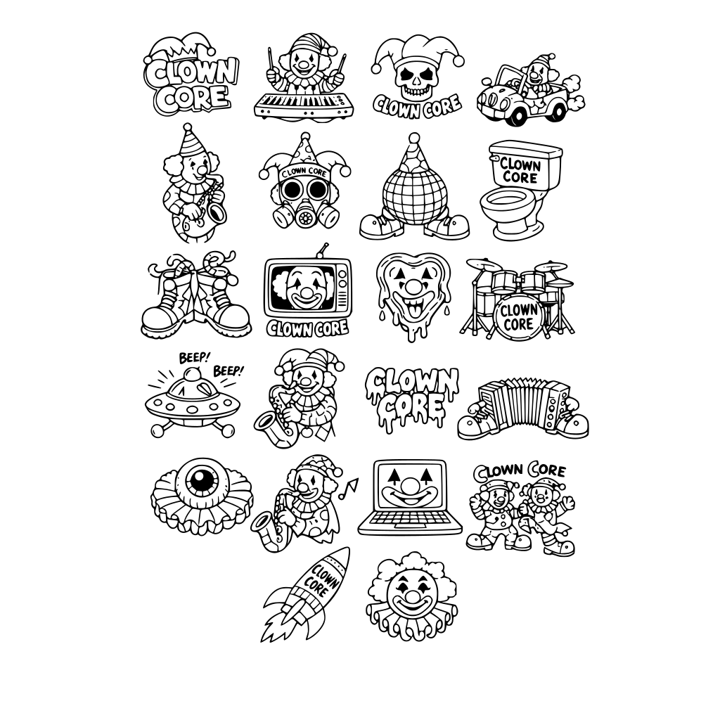 Create 20 designs each unique, based on the words "Clown Core"