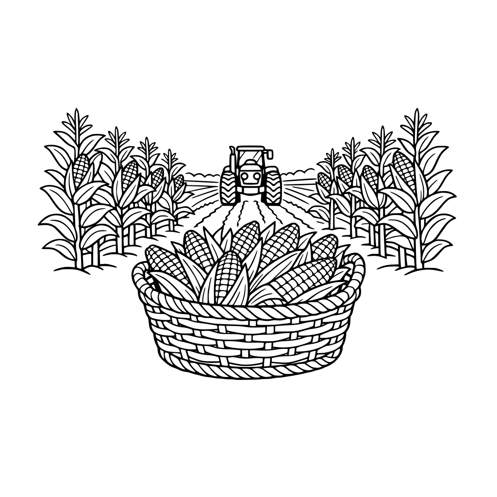 Corn growing in the field. A tractor is in the distance. There is a basket with the picked corn in the forground