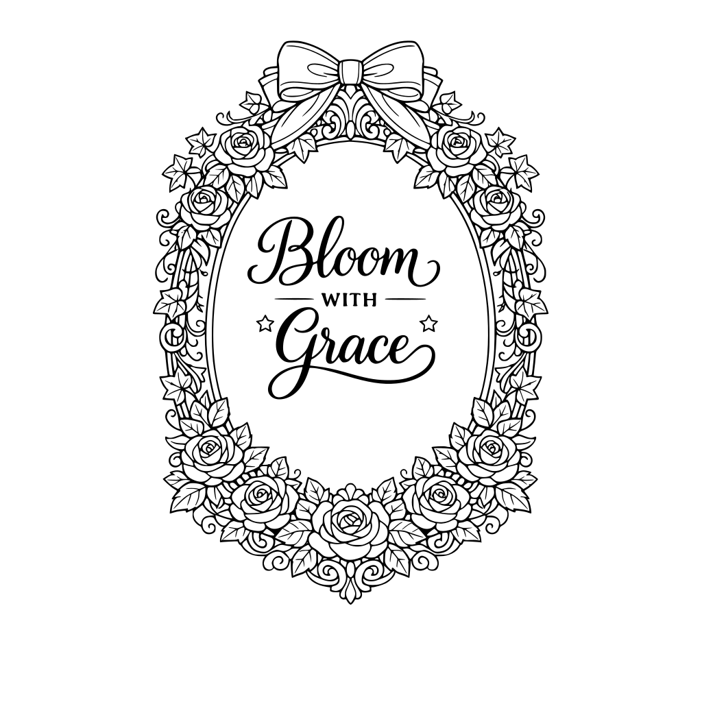Ornate Victorian oval frame filled with roses, ivy, and fine botanical details, symmetrical composition, elegant ribbon accent, delicate floral line art, refined hand-lettered typography inside frame, calm and graceful style.