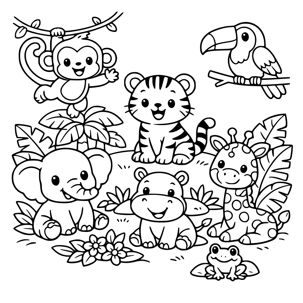 A jungle scene with cute jungle animals