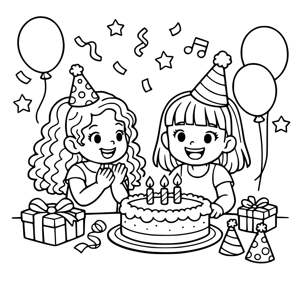 two little girls celebrating a birthday one has long curly hair the birthday girl has straight hair and bangs