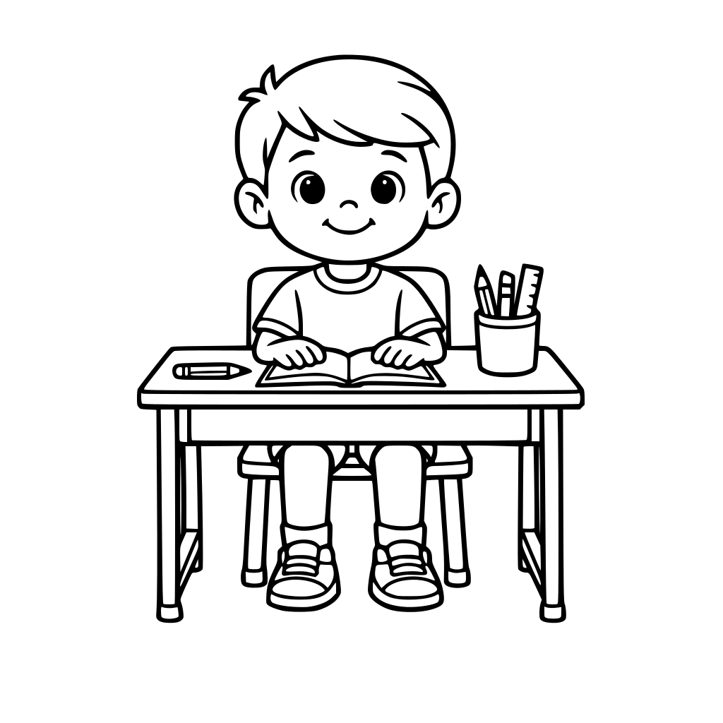 un niño sentado correctamente en el escritorio de su escuela