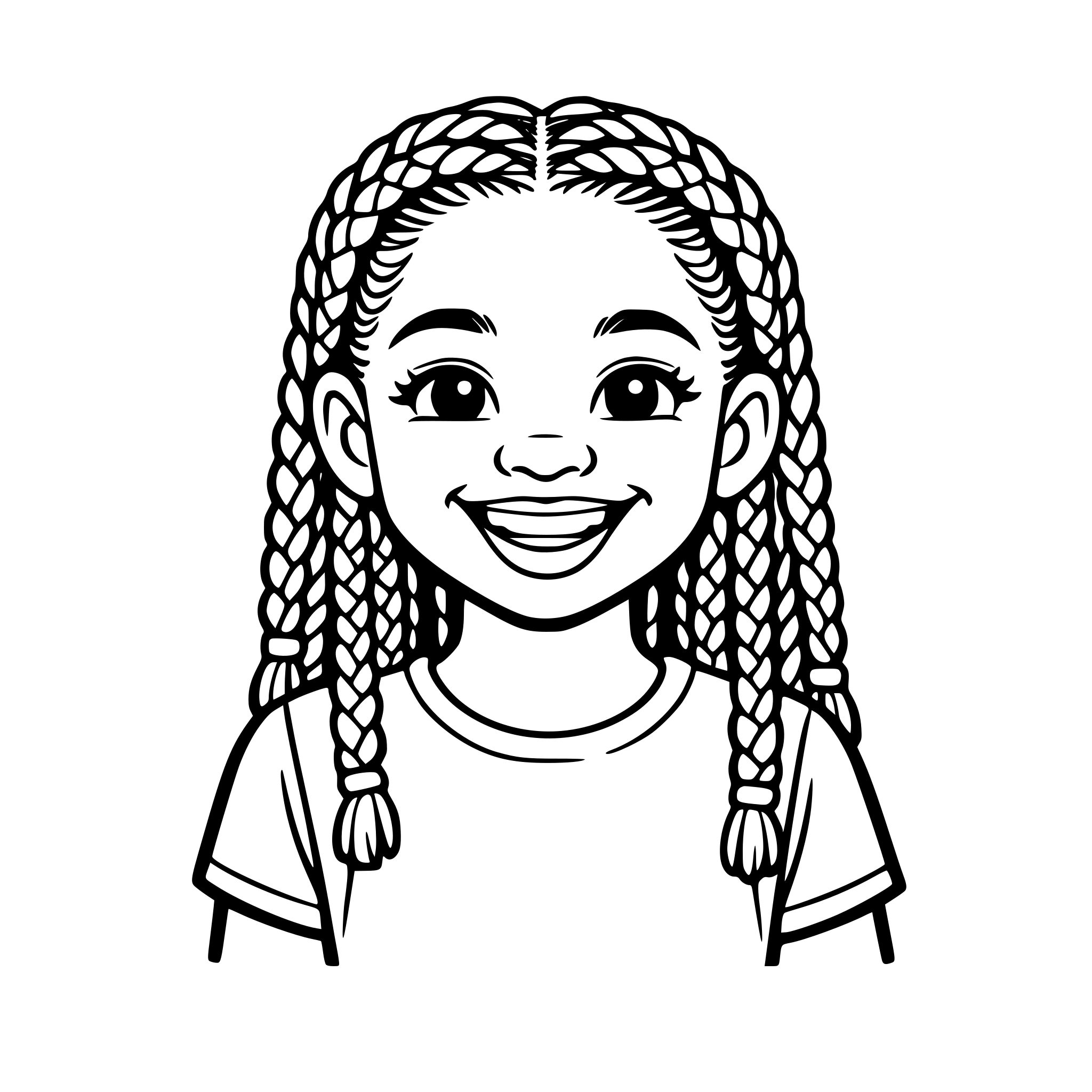 Create an image of a young african american girl with braided hair. She is smiling. White background, isolated.
