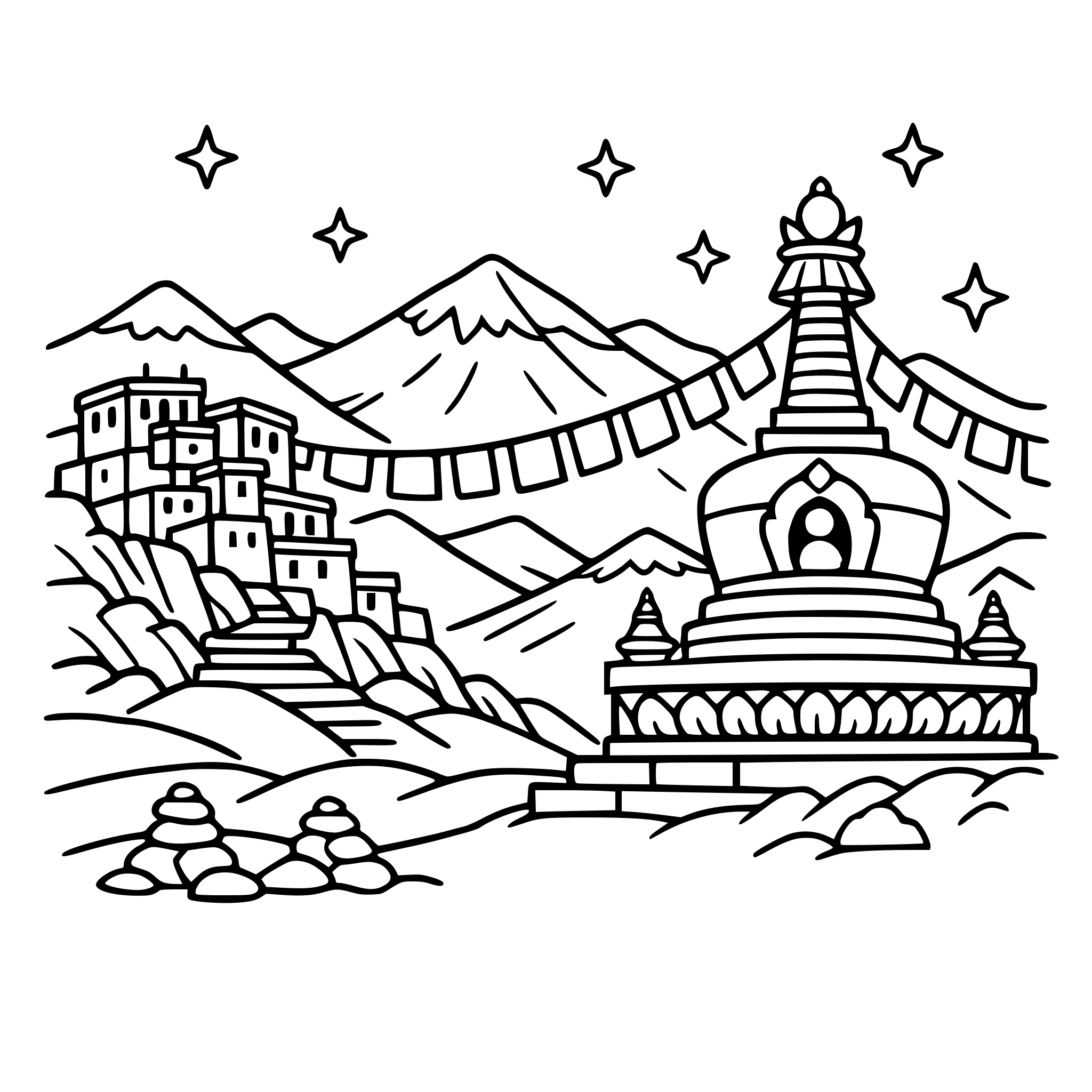 Cute cozy simple Ladakh Mountain monastery scene with Buddhist stupa, prayer flags, and snowy hills.