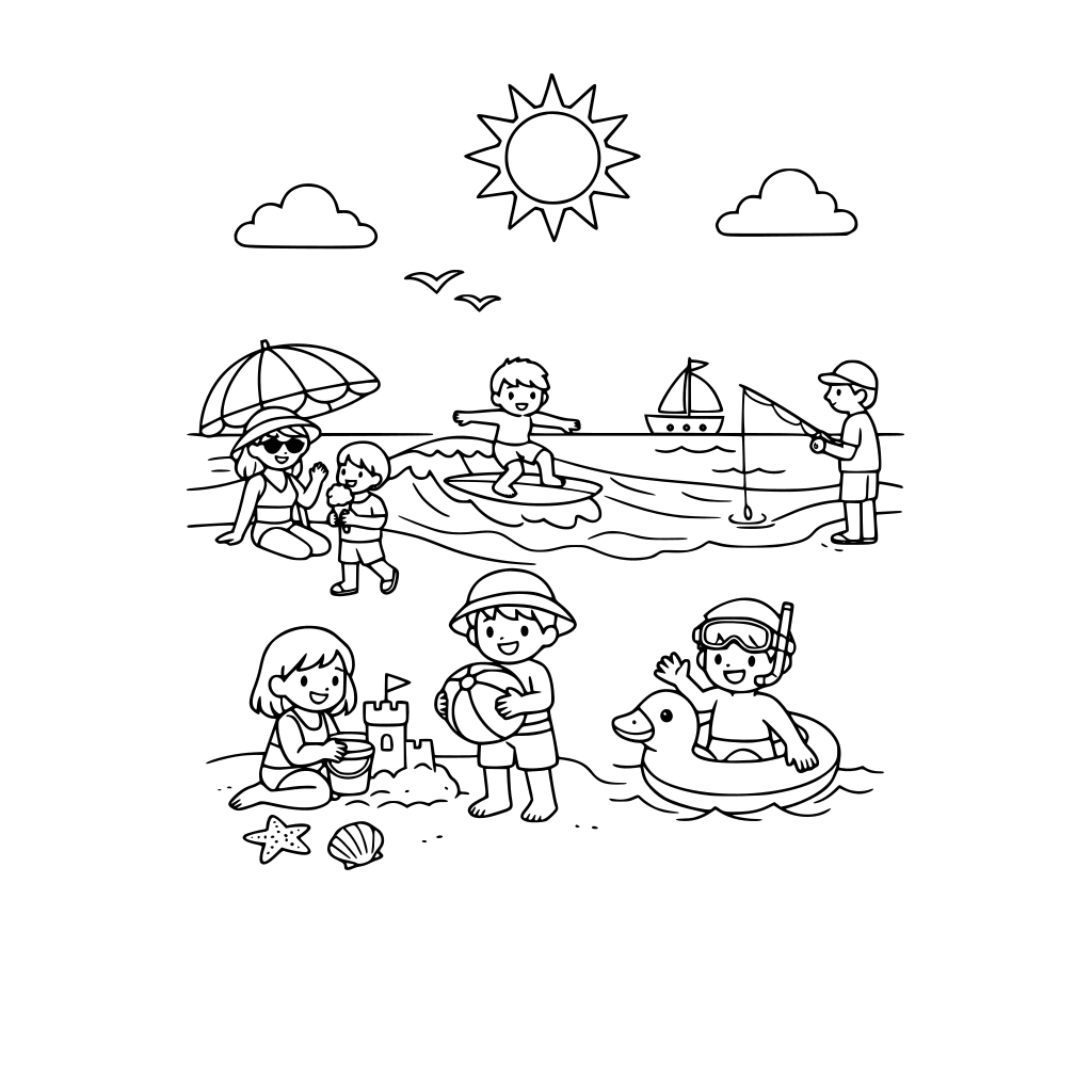 Une plage avec des personnages