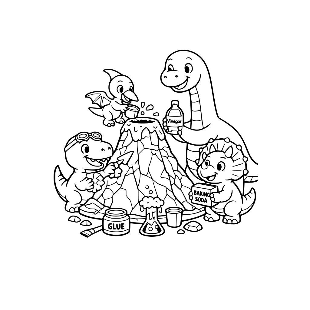 Dinosaur friends building a volcano for science class