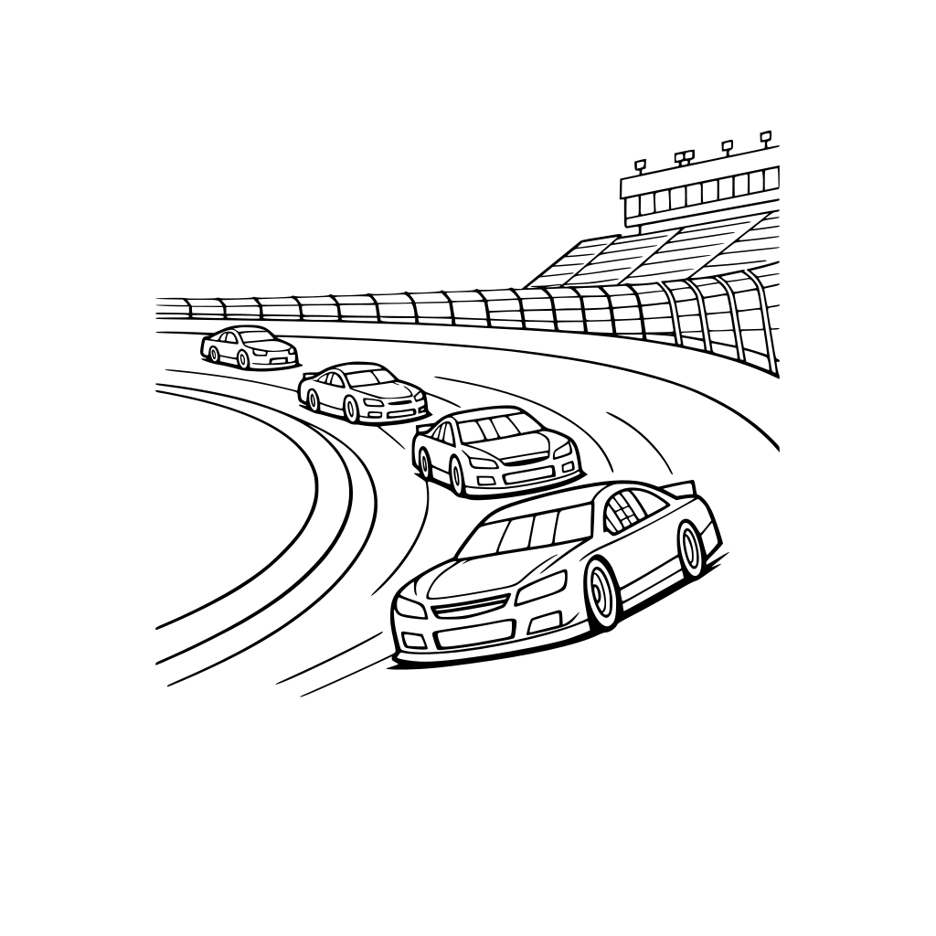 RACE CARS SPEEDING AROUND A BACKED TURN AT A SUPERSPEEDWAY