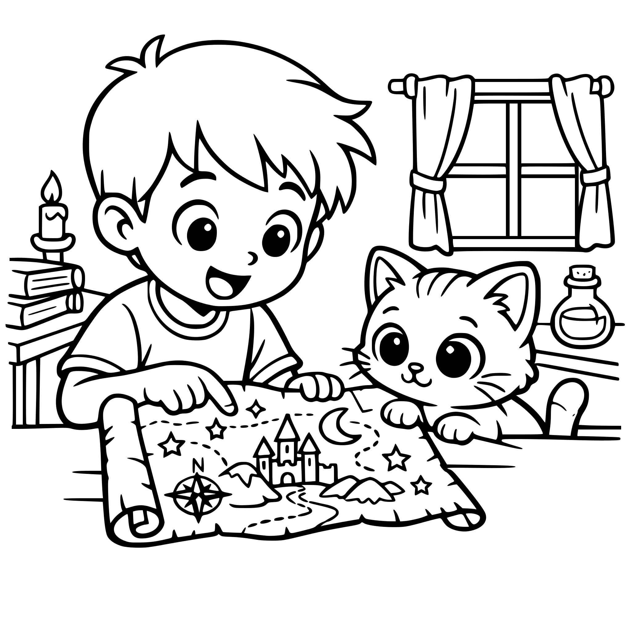 same boy and same cat, black and white coloring page, the boy showing a magical map to a small cute cat with big eyes, both looking curious, simple room background, clean bold outlines