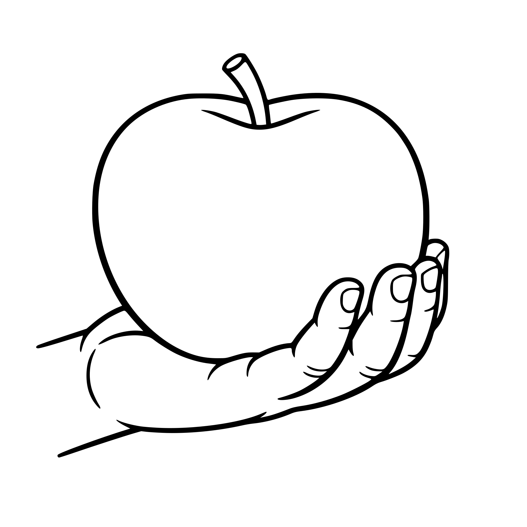 Create an image of an older child's hand holding one big apple in her hand. No leaf on apple. White background, isolated.