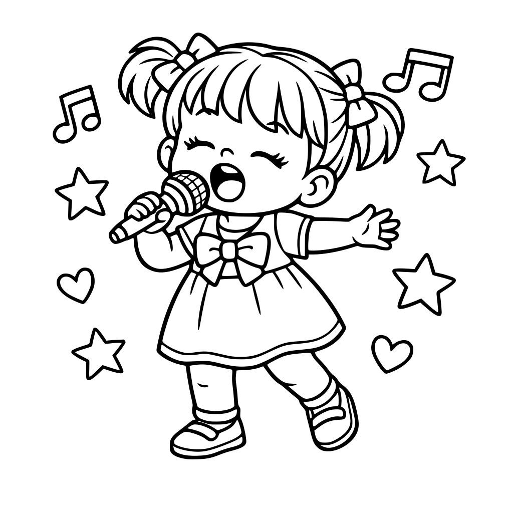A toodler girl singing with music note and microphone