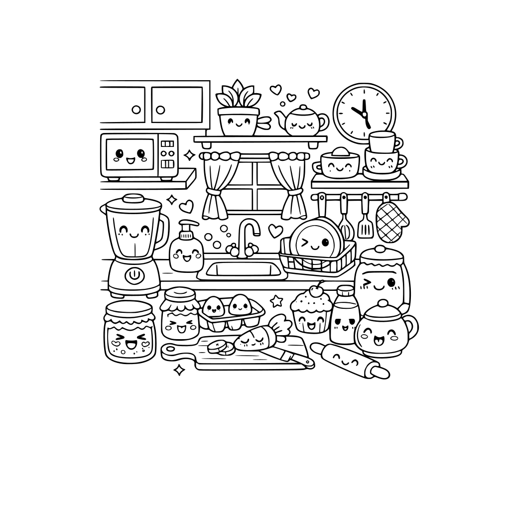 cute kawaii kitchen scene. no animals. do not repeat items. do not repeat facial expressions.