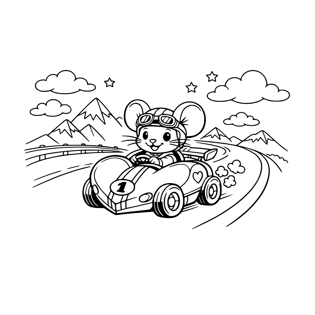 A tiny mouse driving a heart-shaped race car across a mountain road. Clouds in the sky.