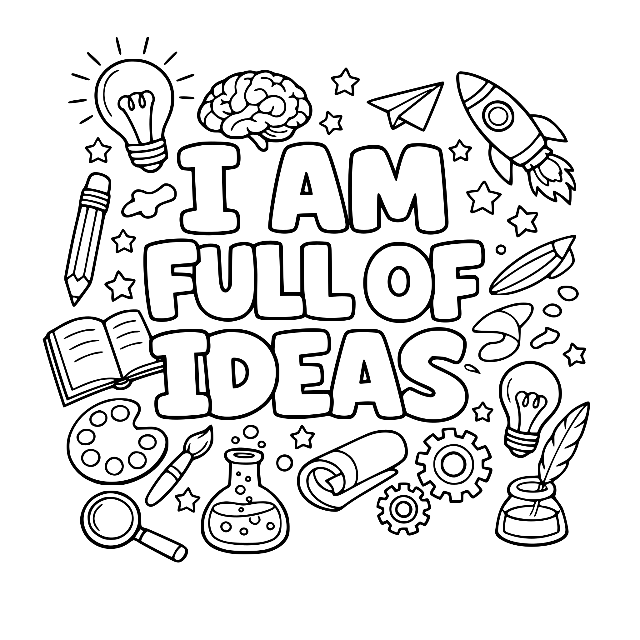 "I am full of ideas" coloring letters with items around the letters that work with the lettering.